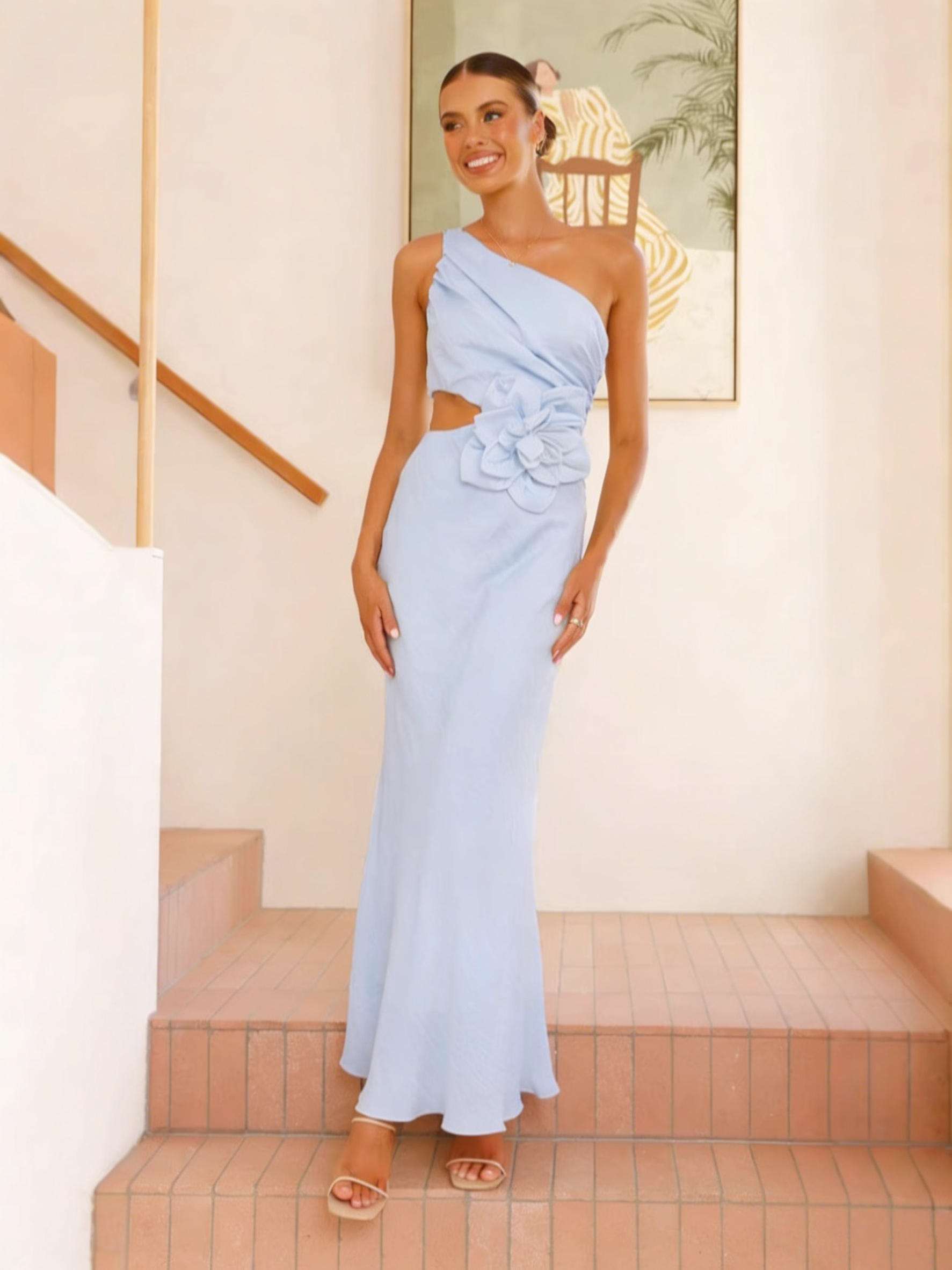 Stylish Summer Dress for Women with One Shoulder and 3D Floral Embellishment