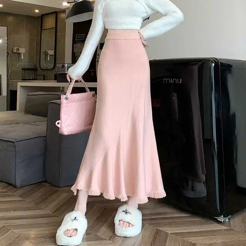 2025 Spring Summer Women's Fashion Skirt High Waist Fishtail with Silky Texture Vertical Breathable and Ruffled Decoration