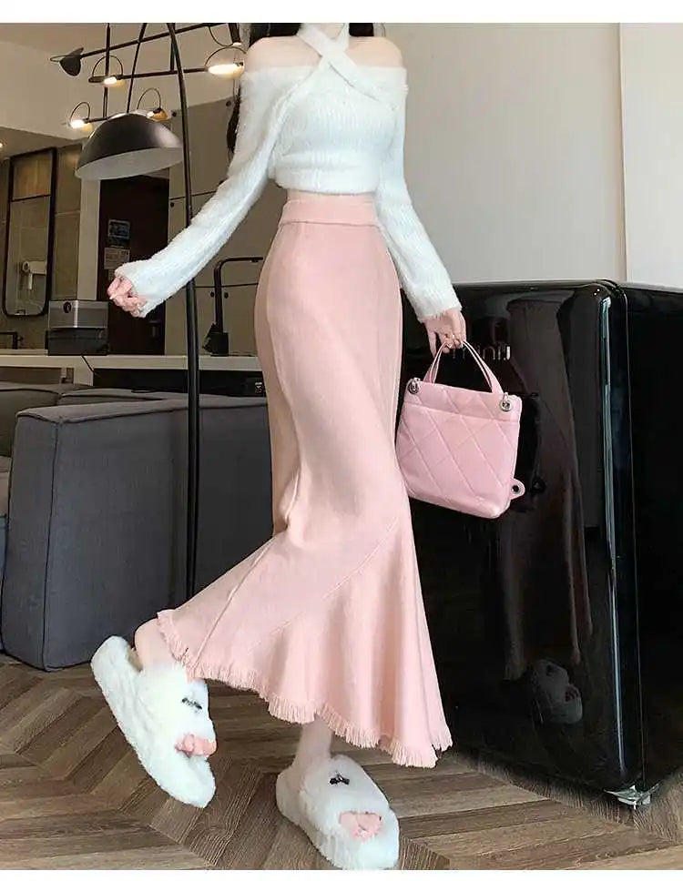 2025 Spring Summer Women's Fashion Skirt High Waist Fishtail with Silky Texture Vertical Breathable and Ruffled Decoration