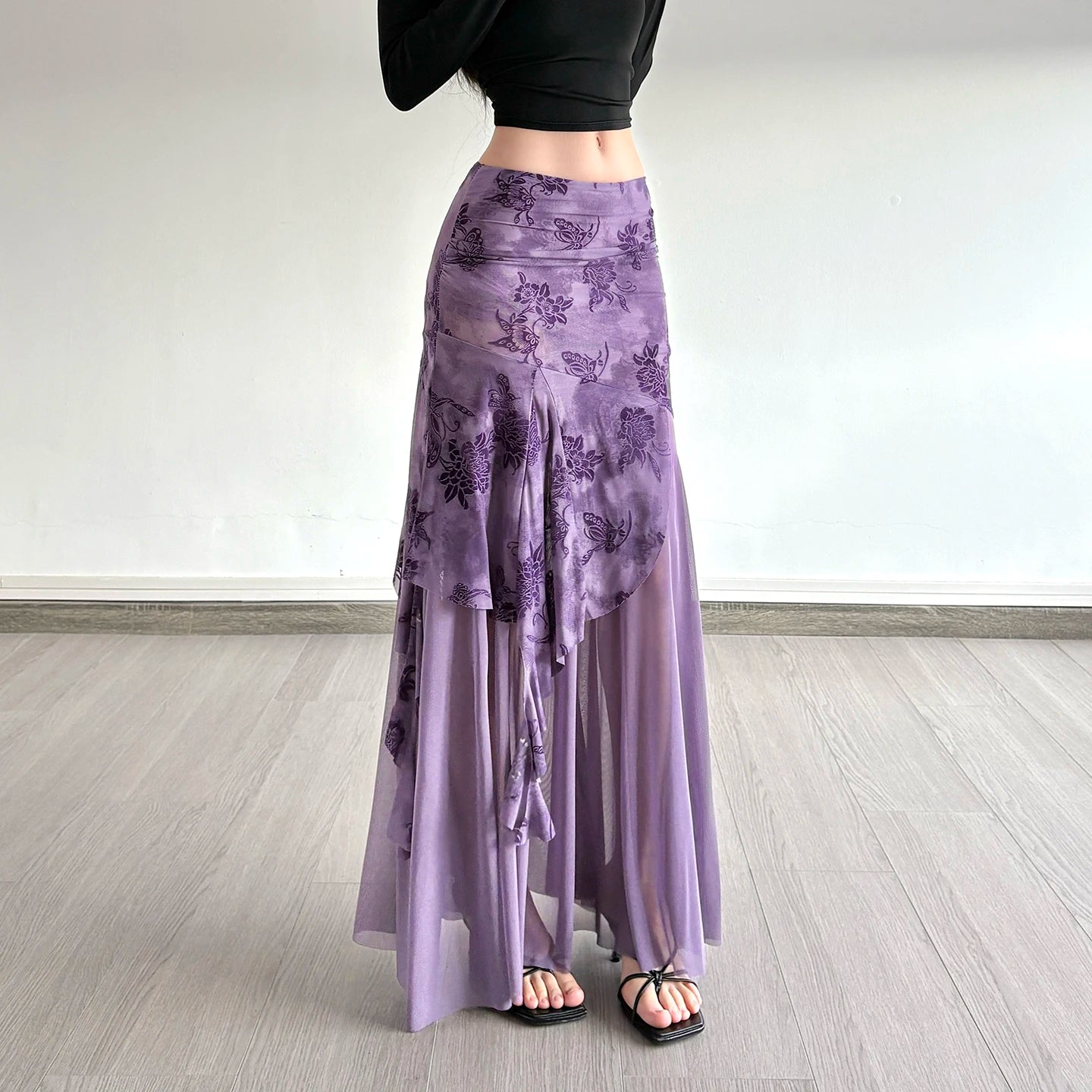 Elegant Asymmetrical Midi Skirt with Ruched Decoration Natural Waistline Solid Pattern Knitted Weave Washable & Autumn Season