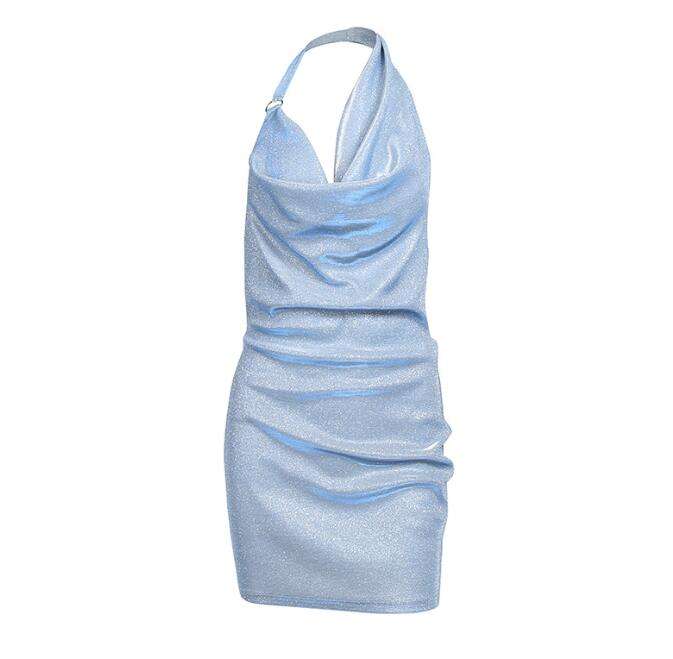 Fashion 2025 New Women's Dress Solid Color Halter Neck Open Back Sparkly Party Dress