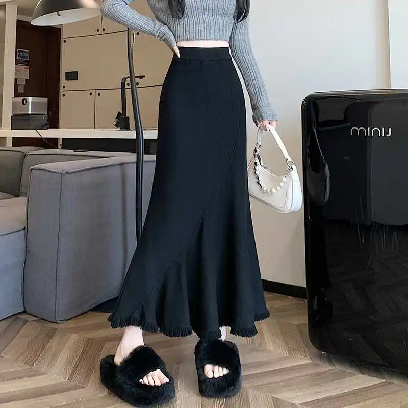 2025 Spring Summer Women's Fashion Skirt High Waist Fishtail with Silky Texture Vertical Breathable and Ruffled Decoration