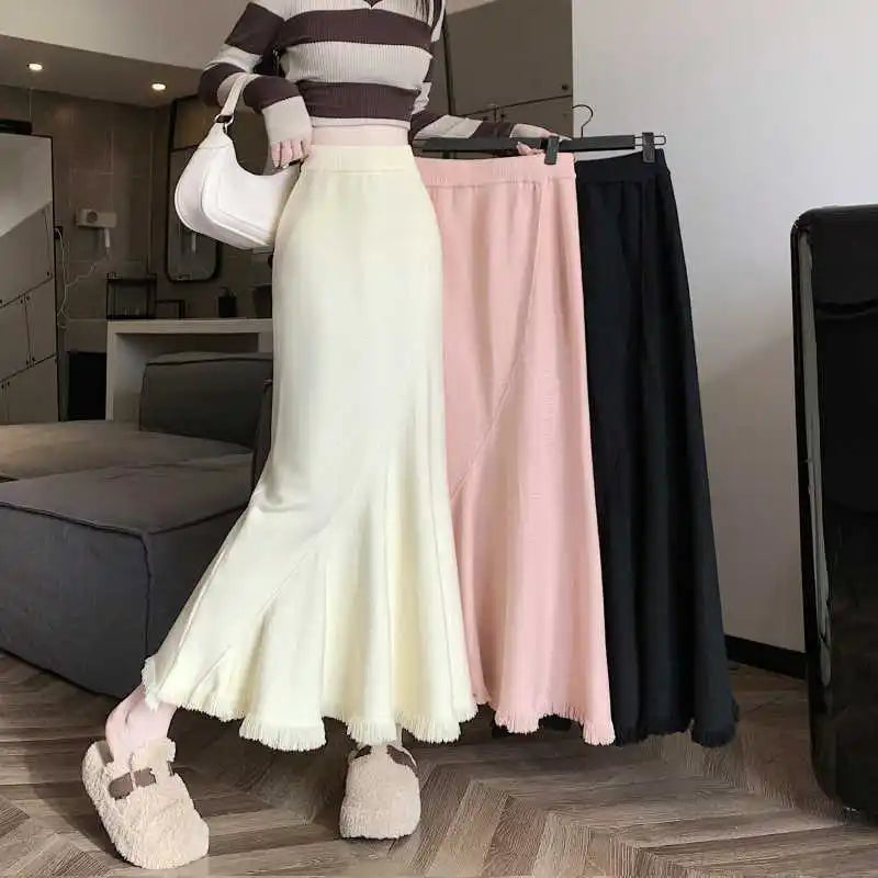 2025 Spring Summer Women's Fashion Skirt High Waist Fishtail with Silky Texture Vertical Breathable and Ruffled Decoration