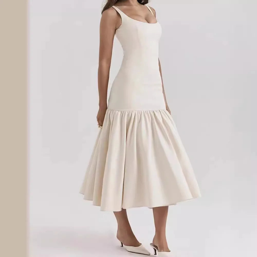 Summer New Neck Sleeveless Slim-Fit Dress Independent Station for Cross-Border Hot Sale Handmade Vintage Pleated Design Front