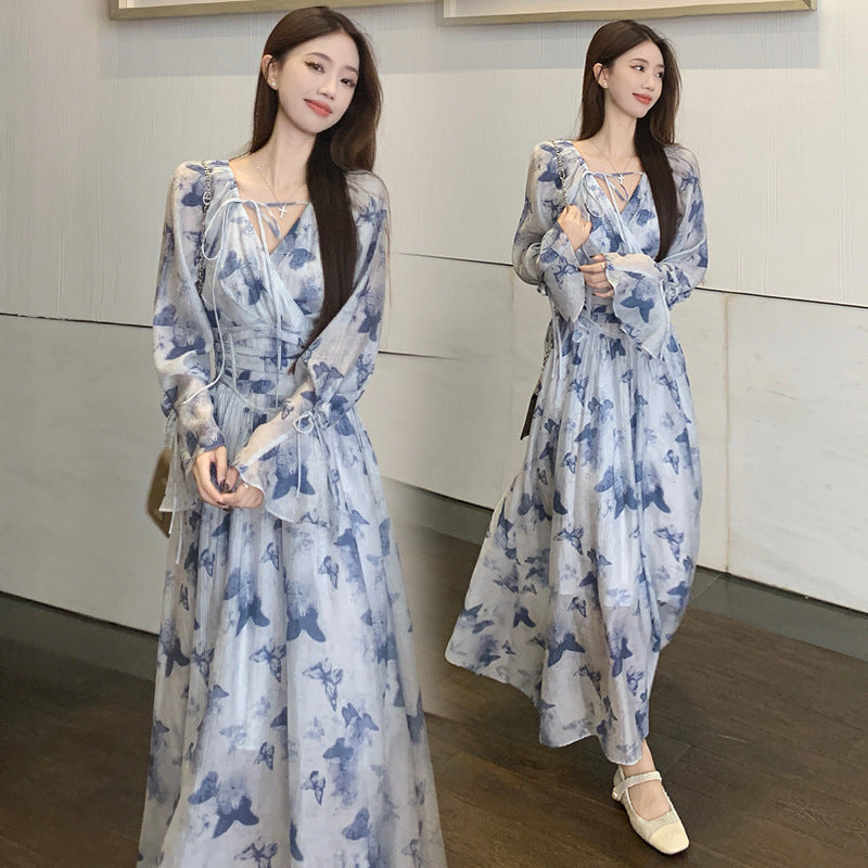 Spring V-Neck Casual Maxi Dress for Women Butterfly Print Dress