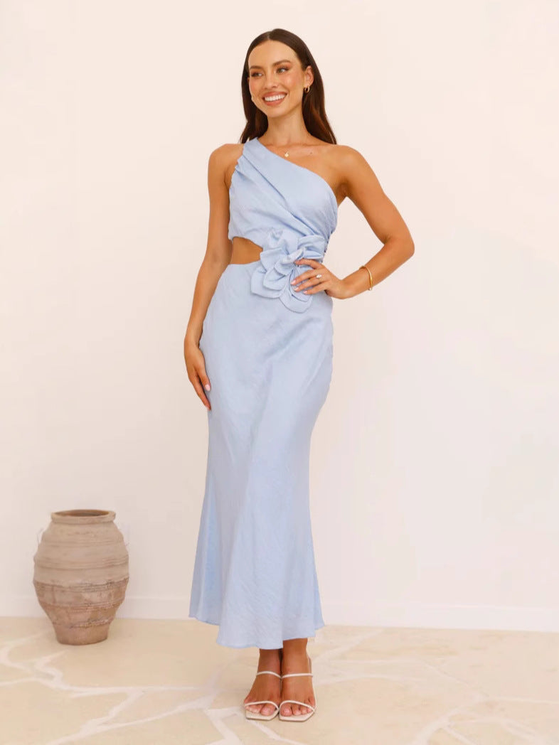 Stylish Summer Dress for Women with One Shoulder and 3D Floral Embellishment