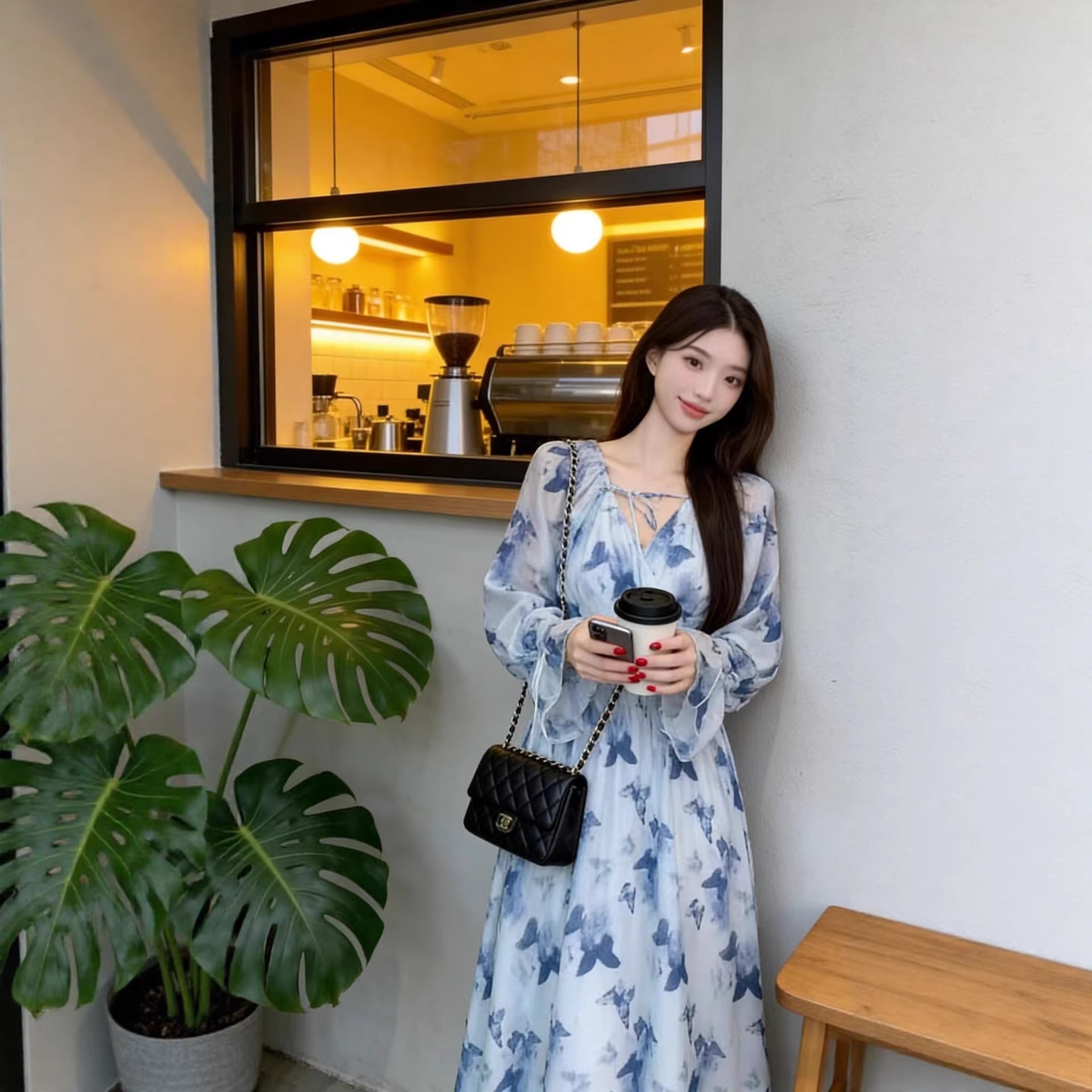 Spring V-Neck Casual Maxi Dress for Women Butterfly Print Dress