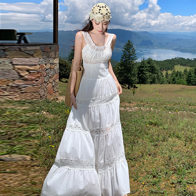 Casual Lace Halter Dress for Women 2026 Outdoor Adventure Style. White Large Swing A-line Dress for Women's Wear