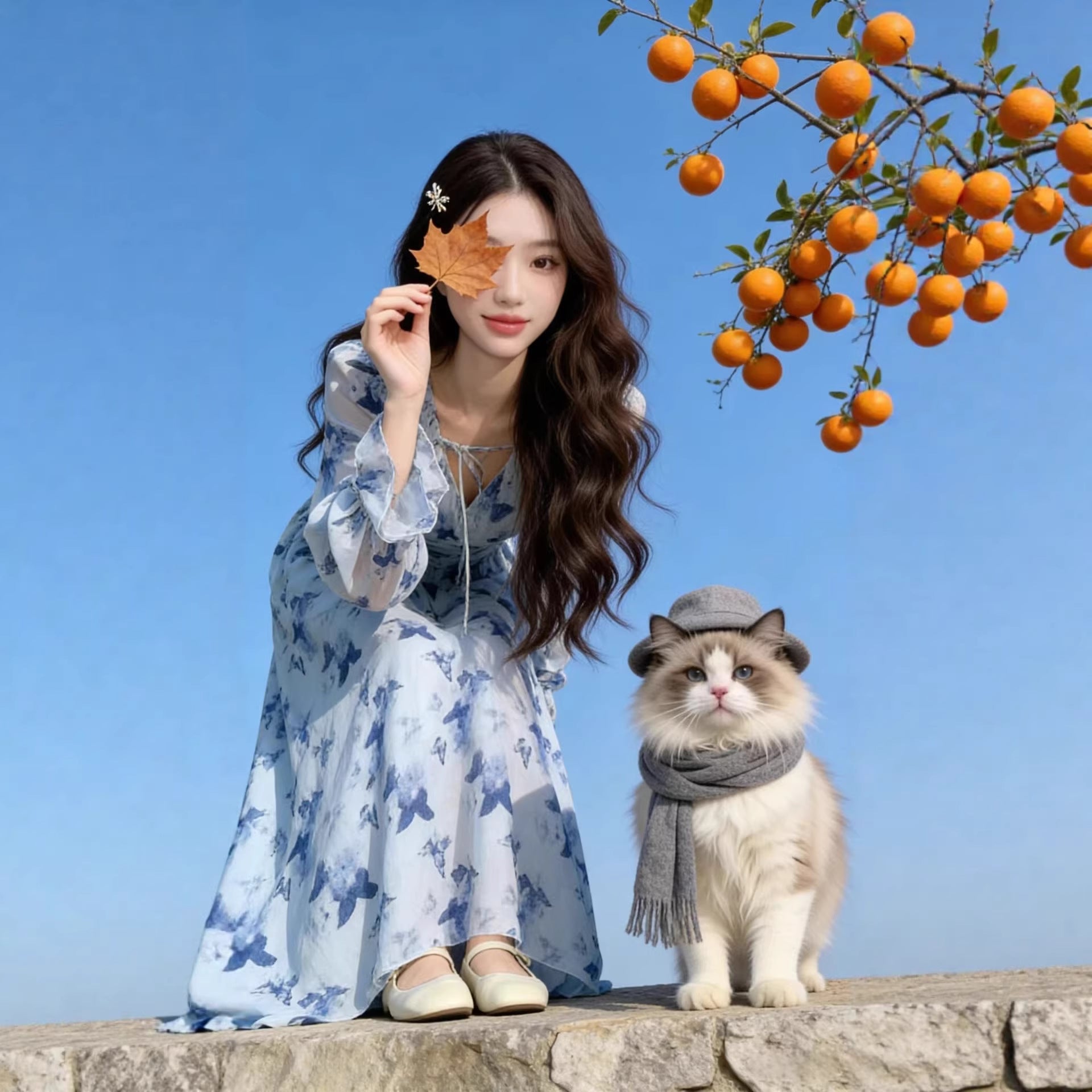 Spring V-Neck Casual Maxi Dress for Women Butterfly Print Dress