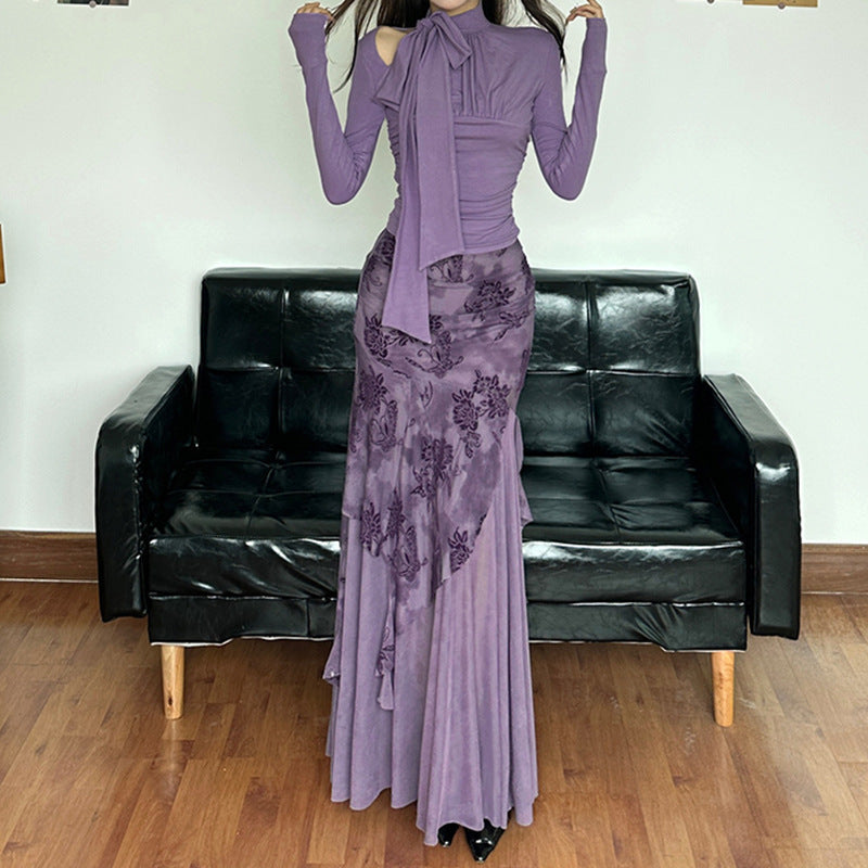 Elegant Asymmetrical Midi Skirt with Ruched Detail Natural Waist Solid Color Knitted Fabric Washable for   spring