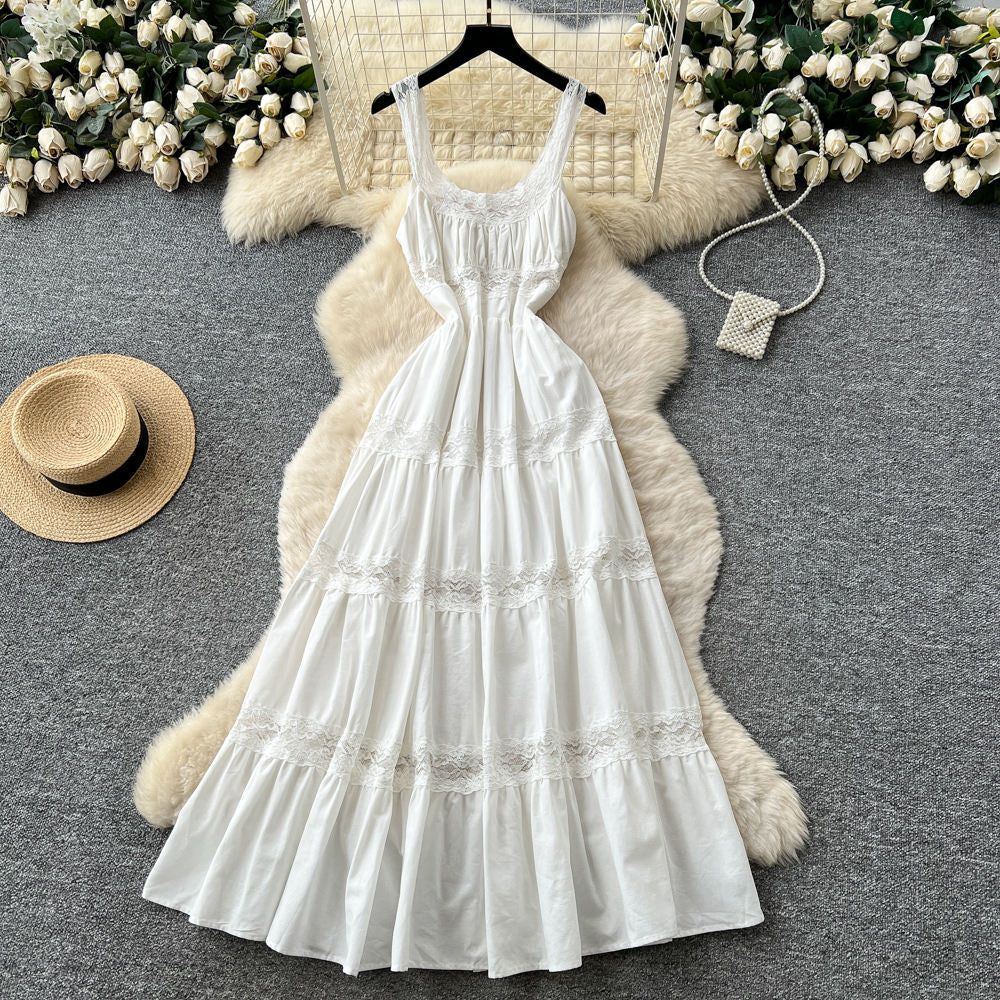 Casual Lace Halter Dress for Women 2026 Outdoor Adventure Style. White Large Swing A-line Dress for Women's Wear