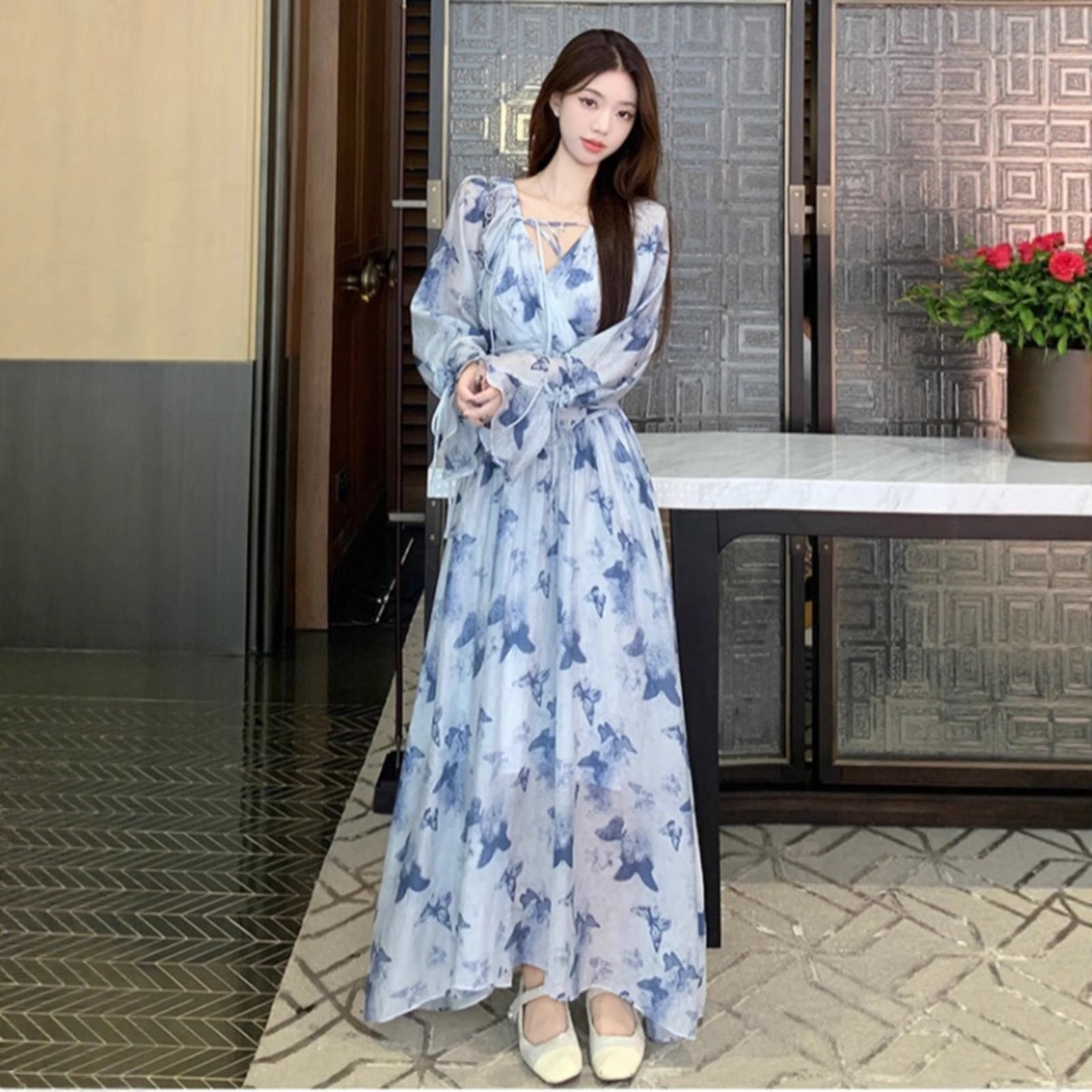 Spring V-Neck Casual Maxi Dress for Women Butterfly Print Dress