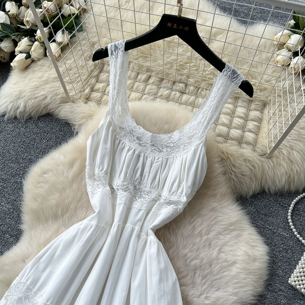 Casual Lace Halter Dress for Women 2026 Outdoor Adventure Style. White Large Swing A-line Dress for Women's Wear