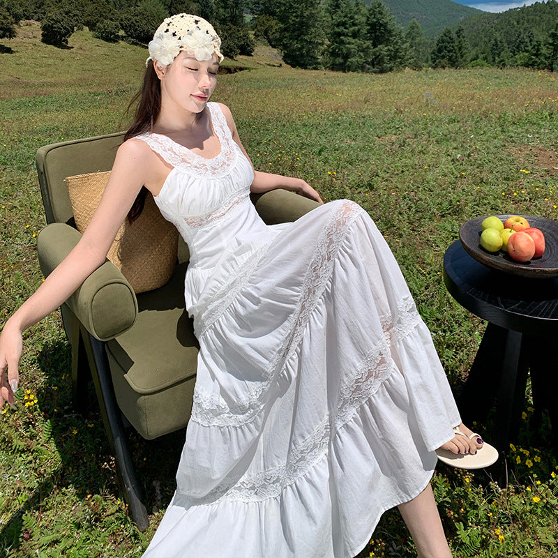 Casual Lace Halter Dress for Women 2026 Outdoor Adventure Style. White Large Swing A-line Dress for Women's Wear