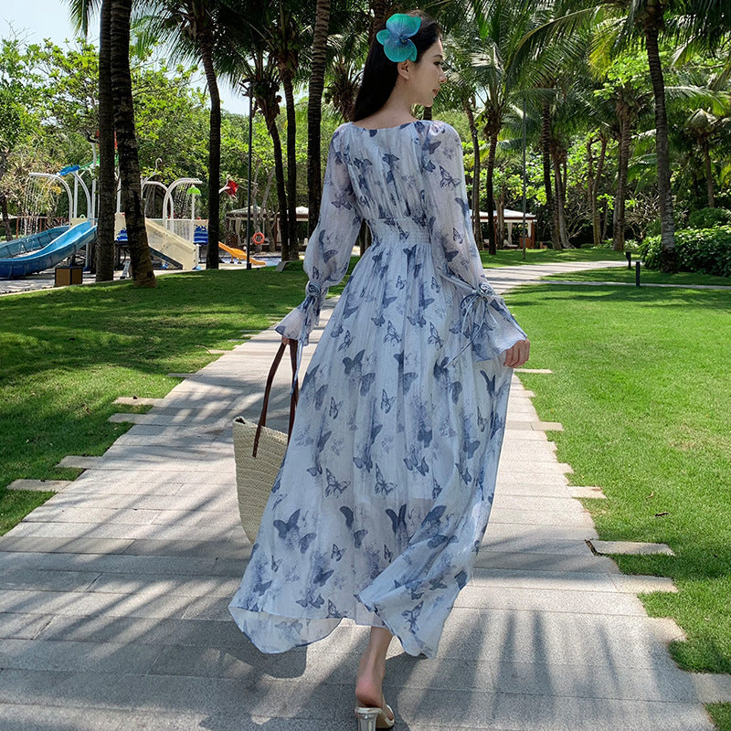 Spring V-Neck Casual Maxi Dress for Women Butterfly Print Dress